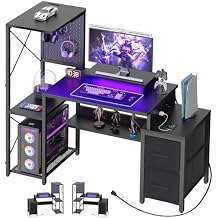 Small Gaming Desk with 2 Fabric Drawers - Reversible Computer Desk with Power Outlet & LED Lights, 49" Office Desk with Monitor Stand & Storage Shelves, Writing Study Table with Pegboard, Black
