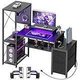 Small Gaming Desk with 2 Fabric Drawers - Reversible Computer Desk with Power Outlet & LED Lights, 49' Office Desk with Monitor Stand & Storage Shelves, Writing Study Table with Pegboard, Black