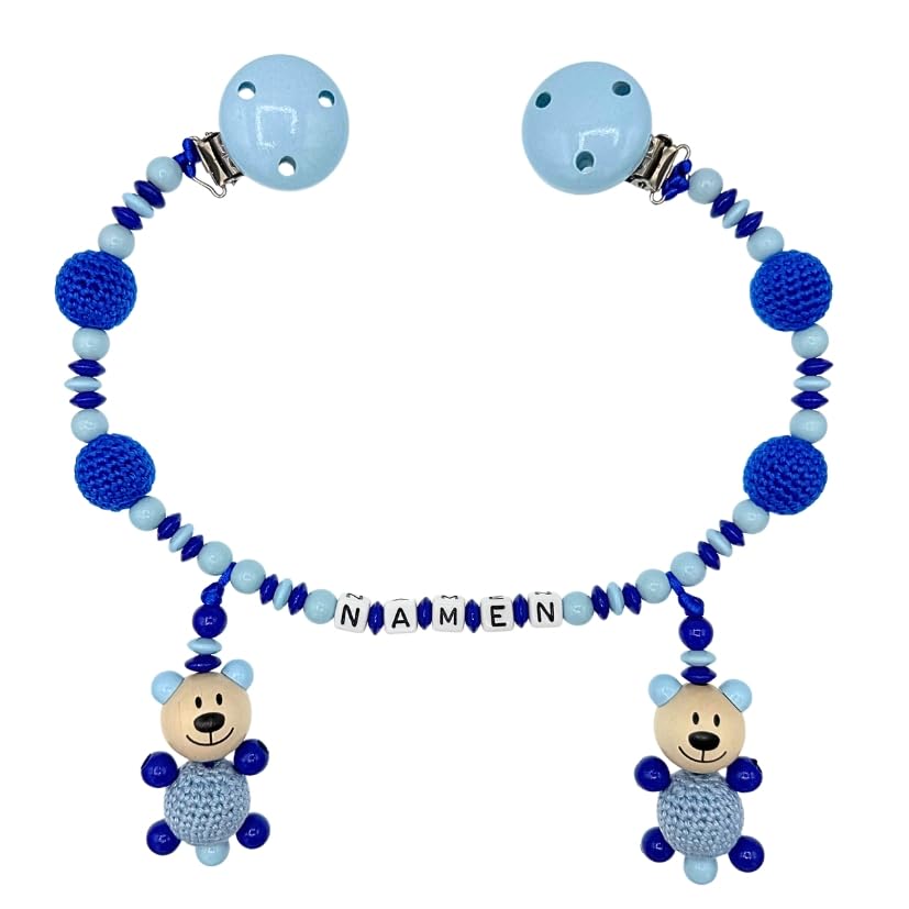 Set Nuckelkette + Kinderwagenkette mit Namen " 3D - BÄR MIT HÄKELKÖRPER " Babyblau Dunkelblau/Baby/Unisex/Personalisiert/HANDMADE