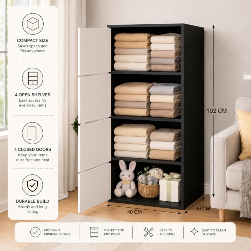 Image of 4-Door Morden Wooden Collapsible Wardrobe for Storage /Space Saving Wooden Wardrobe with Doors /Collpsible Storage Organiser /Living Room - (Black, 4 Layer)