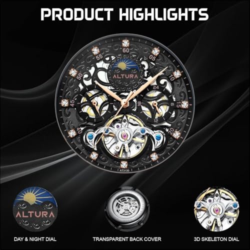 Image of ALTURA Celestial Series Automatic Skeleton Analog Watch For Men|3D Hollow Dial,Diamond Embellishment,Day /Night Subdial,Flywheel,Transparent Back,Leather Strap|Gift For Men