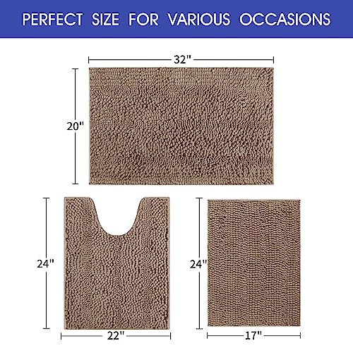 Accumtek Striped Ultra Soft Bathroom Rugs And Mats Set 3 Pieces Bathroom Rug Set Beige, Thick Chenille Bath Rugs Non Slip Bath Mats For Bathroom, Toilet, Bedroom, Kitchen #TOP1