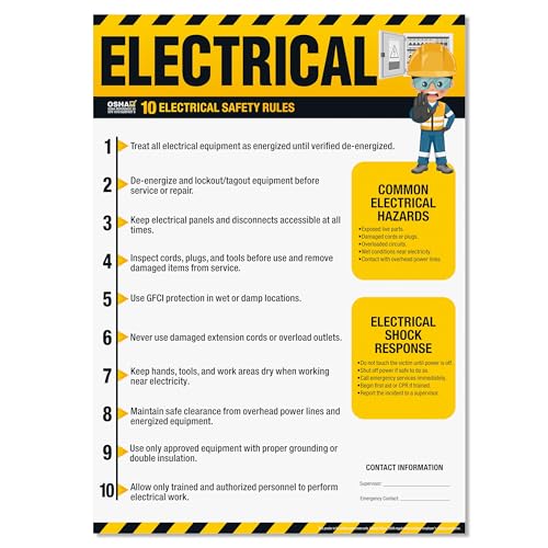 Electrical Safety Poster – OSHA Electrical Safety Rules Chart, 10 Workplace Guidelines, Shock Response, Hazard Awareness & Electrical Safety Training Sign