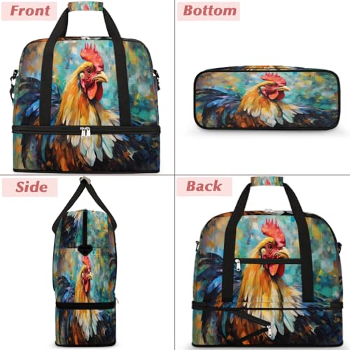 Travel Duffel Bags Colorful Watercolor Rooster Foldable Weekender Bags for Women with Shoes Compartment Waterproof & Tear Resistant Carry on Overnight Luggage Duffel Bag Shoulder Sports Tote Bag,B-393