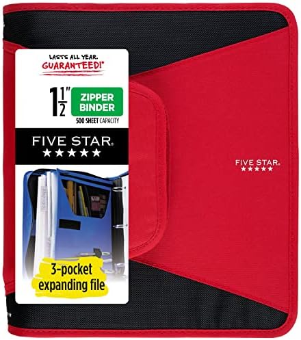 Five Star Zipper Binder, 1-1/2 Inch 3-Ring Binder for School, 3 Pocket Expanding File, 500 Sheet Capacity, Red (72206)