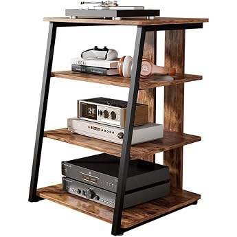 Audio Rack AV Shelf Interior Trapezoid Wood Grain Shelf Open Shelf TV Stand Audio Speaker Amplifier Cabinet CD Amplifier Equipment Rack Home Storage Shelf 4 Tier Multifunctional Storage TV Stand Steel Frame Back Wire Dark Brown
