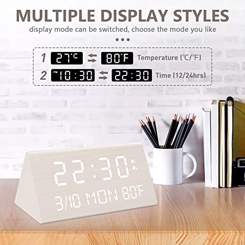 Kogonee Wooden Digital Alarm Clock, 0-100% Dimmer, 2 Alarm Settings, Weekday /Everyday Mode, 9 Mins Snooze, 12/24H, Temperature And Date Display For Office, Travel, Bedroom Alarm Clock (White) #TOP4