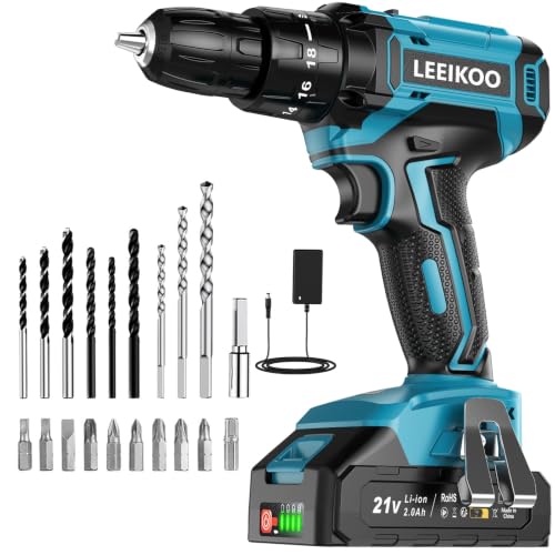 Taladro Atornillador Bateria 21V, LEEIKOO Atornillador Electrico con 2.0Ah Batería, 42Nm, 18+1 Ajuste de Par, 20 Accesorios, 2 Velocidad, LED Luz Para Hogar, Bricolaje, Azul