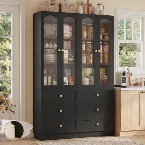 Image of Cyclysio 80 inch Tall Pantry Cabinet for Kitchen Storage, 2 Set Black Pantry Cabinet with Glass Doors & 3 Drawers - Freestanding Storage Bookcase with Built-in Baseboard Notch for Dining, Living Room