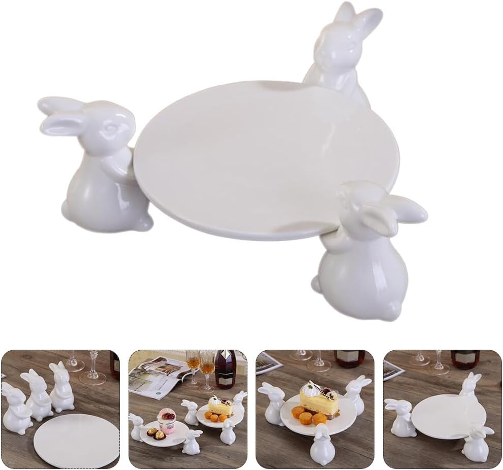 DOITOOL Bunny Rabbit Ceramic Plate, 12 Inch Bunny Cake Pan Cupcake Stand Easter Decorations for Home Weddings Dessert Plates, White