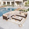 GREEN PARTY 8 Pieces Wicker Patio Furniture Set, All-Weather Outdoor Rattan Half-Moon Curved Patio Sectional Sofa Conversation Set 8 Seats for Garden, Backyard, 2 x Ottomans