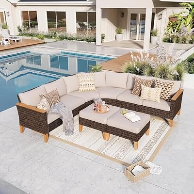 GREEN PARTY 8 Pieces Wicker Patio Furniture Set, All-Weather Outdoor Rattan Half-Moon Curved Patio Sectional Sofa Conversation Set 8 Seats for Garden, Backyard, 2 x Ottomans