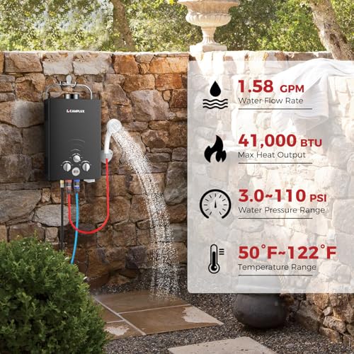 Image of CAMPLUX Portable Tankless Water Heater 1.58 GPM, BW158B Outdoor Propane Water Heater Camping, 41,000 BTU, Black