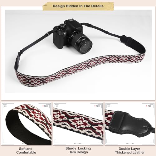 Image of Universal Camera Strap - Camera Neck Strap, Adjustable Shoulder Straps Compatible with Canon, Fujifilm, Nikon, Olympus, Panasonic and other SLR and mirrorless cameras - Red and Black Geo