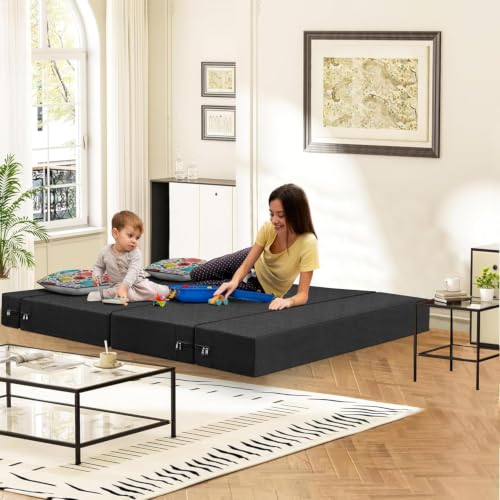 Image of Rosebell Foldable Two Seater Sofa Cum Bed, Sofa Bed 4X6 Feet, Jute Fabric- with Cushion Perfect for Home & Office - Black-Color