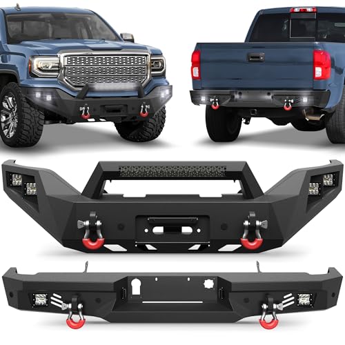 LONGSUN GMC Sierra 1500 Front and Rear Bumper Kit for 2016 2017 2018 GMC Sierra 1500 Pickup, Include Winch Plate, LED Lights, License Plate Lights and D-rings