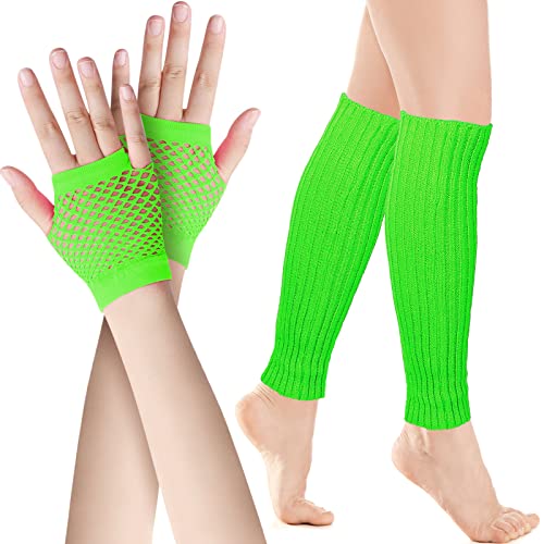 SATINIOR Set de Jambières Néon et Gants en Résille des Années 80 (Vert Fluorescent)