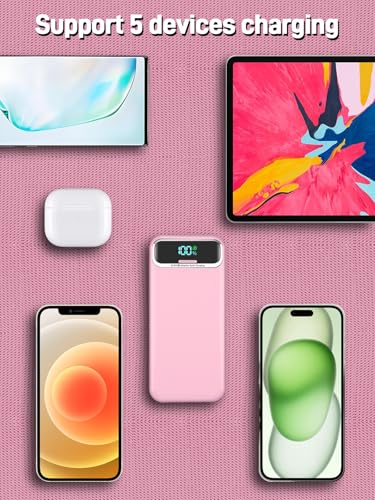 Image of Nusyddy Portable Charger 20000mAh 22.5W w /Built-in Cables & Wall Plug Pink | 22.5W Fast Charging, High Capacity, LED Display, Charge 5 Devices at once, TSA Approved, Compatible with iPhone /iPad /Samsung
