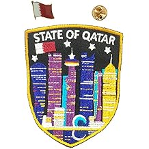 A-ONE 2 PCS Pack- Qatar Night View Shield Embroidery+Qatar Flag Lapel Pin, City View Badge, Decorative DIY Emblem, Outdoor Travel Patch, Sew-on/Iron-on Embroidery for Caps Jeans Jacket Clothes NO.361P