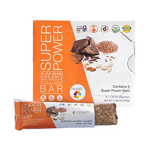 Reset360 Super Power Bar | Healthy Snack Bars, USDA Certified Organic Energy Bars, Plant Based Protein, Gluten & GMO Free Meal Replacement Bars | Dark Chocolate, Nuts and Seeds, 8 Bars per Box, 1 Pack