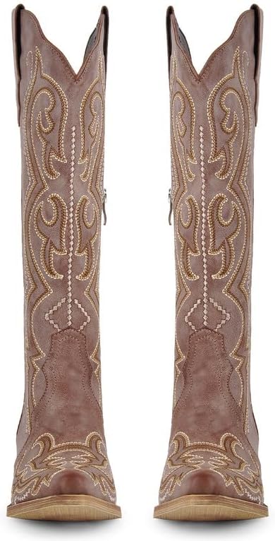 Cowboy Boots For Women Knee High Western Cowgirl Boots Snip Toe Side Zipper Chunky Heel - Image 4