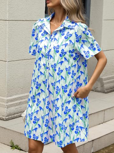 Image of LifeShe Summer Floral Dress Women's Printed Casual Sundress Short Sleeve Button Up Shirt Dresses with Pockets