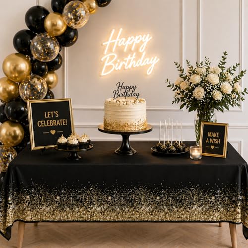 Image of Blue Orchards Black Gold Tablecover (Pack of 3) 108 inch x 54 inch - Elegant Party Decoration, Backdrop, Accent, Black and Gold Glitter Tablecloth for Parties, Birthday, Graduation, Wedding & Events