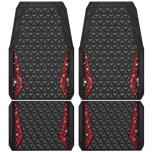 CAR PASS Bling Diamond Car Mats Rubber Floor Mats Full Set Anti-Slip 3D Rhombus Waterproof Trim to Fit Liner Universal Glitter Crystal Sparkly Shining Rhinestone Girl Women SUV Sedan Van Black Red