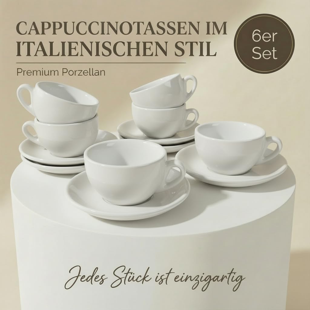 6x Cappuccinotassen | Weiß | Italian Style | dickwandig & schwer | spülmaschinenfest | Cappuccino 6er Set mit Untertassen - Geschenkset
