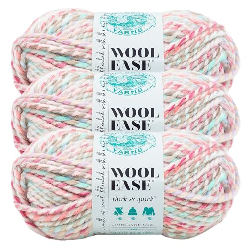 Image of Lion Brand Yarn Wool-Ease Thick and Quick Yarn, Soft and Bulky Yarn for Knitting, Crocheting, and Crafting, 3 Pack, Carousel | Super Bulky Wool Acrylic Blend Fiber for Soft Hats, Sweaters, Chunky Blankets, Yarn for Crochet, Knitting, Crafts, Weaving