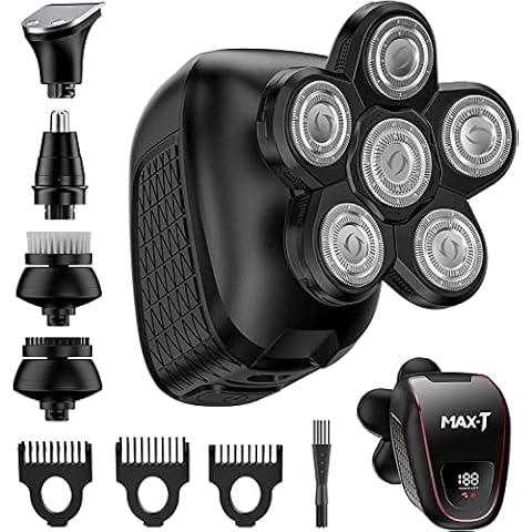 Head Shaver for Bald Men, 5 in 1 Electric Razor for Men Cordless Rechargeable Nose Hair Beard Trimmer Clippers Facial Cleansing Brush, Waterproof Wet Dry Rotary Shaver Grooming Kit, Black Cover