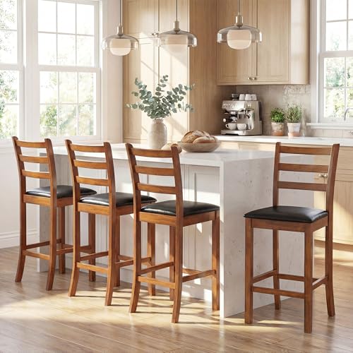 S With Pu Leather Seat, Rubber Wood Legs & Ladder Back, 24''