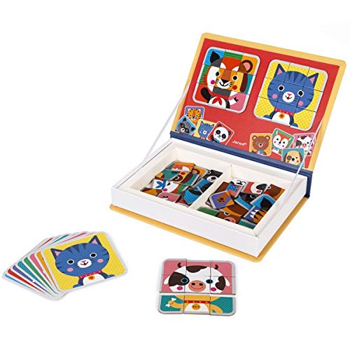Janod Magnetibook 80 pc Magnetic Mix and Match Animal Faces Game for Creativity and Motor Skills. Book Shaped Travel/Storage Case Included - S.T.E.M. Toy for Ages 3+, Multicolor