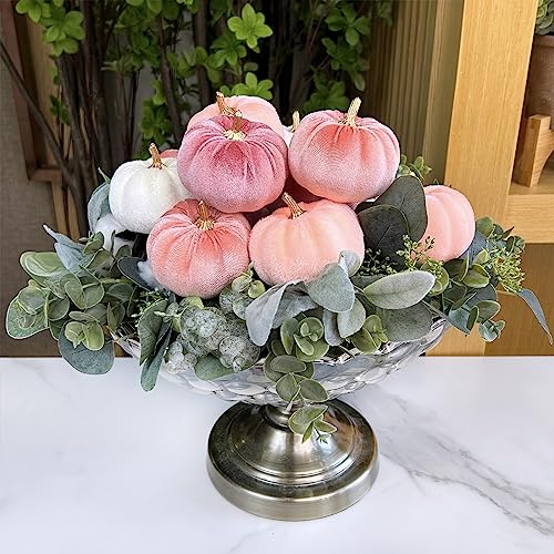 Image of Winlyn 12 Pcs Small Rustic Faux Velvet Pumpkins Decorative Blush Coral Pink Peach Ivory Fabric Foam Pumpkins 3 inch for Fall Wedding Bbay Shower Thanksgiving Halloween Table Centerpiece Decor