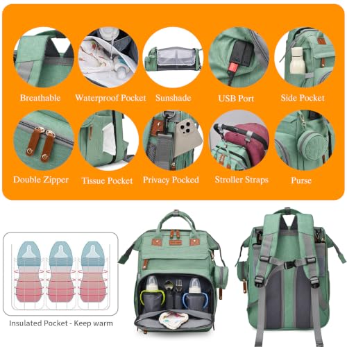 Image of Astro alan Baby Diaper Bag with Changing Station, Waterproof Diaper Bag Backpack for Moms Dads with USB Charging Port, Baby Shower Gifts, Large Capacity diaper backpack, Pale Green