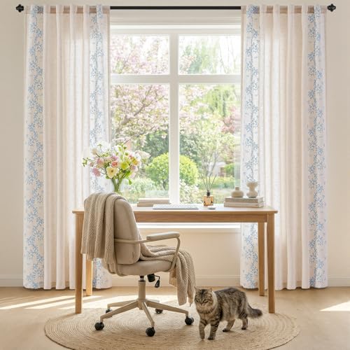 Image of jinchan Floral Linen Curtains, Back Tab 50x96 Inch, 2 Panels Blue