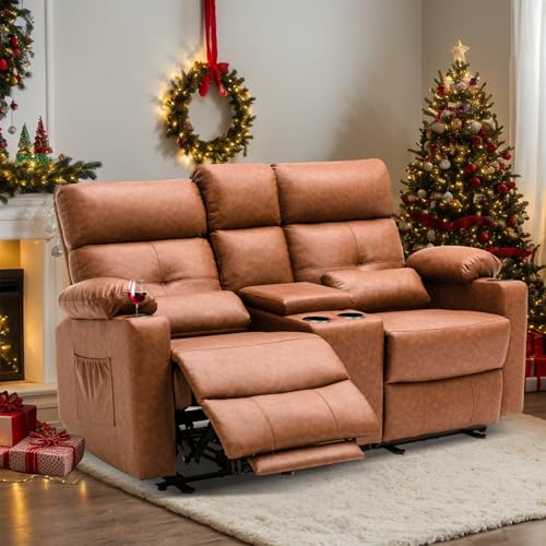 Consofa Power Reclining Loveseat Sofa, Reclining Loveseat with Console, Power Loveseat Recliner with Heat and Massage, Extending Footrest, RV Loveseat with Lumbar Support, Side Pocket for Living Room