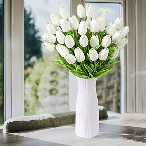 Jiftok 30Pcs White Tulips Artificial Flowers Fake Flowers For Decoration, Faux Flowers Tulips Real Touch Arrangement Bouquet For Wedding Home Office Party, Faux Flowers Bulk Gift Idea For Mothers Day #TOP4