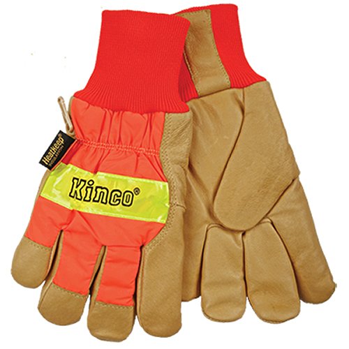 Kinco 1938KW-S Men's High Visibility Lined Pigskin Safety Cuff Gloves, Heat Keep Thermal Lining, Knit Wrist, Small, Orange