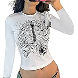 L&ieserram Camiseta sexy de manga corta para mujer, cuello redondo, gótico, Harajuku Grunge estampada, estilo vintage de los años 90 Y2K E-Girl para adolescentes, chicas, punk, Color blanco., M