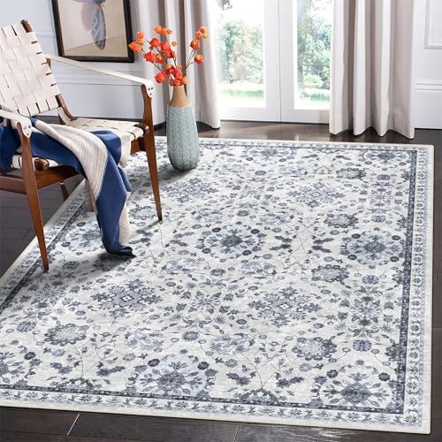 vivorug 5x7 Area Rugs, Stain Resistant Washable Rug for Living Room, Floral Rug Vintage Inspired (Ivory/Blue, 5'x7')