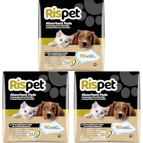 RISPET Tapis hygiéniques pour Chiens 90 x 60 cm, Haute Absorption avec Technologie contrôle des odeurs, 14 unités (Lot de 3)