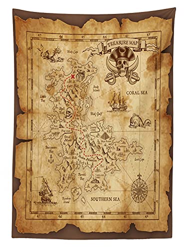 Ambesonne Island Map Tablecloth, Super Detailed Treasure Map Grungy Rustic Pirates Gold Secret Sea History Theme, Dining Room Kitchen Rectangular Table Cover, 52" X 70", Beige Brown #TOP1