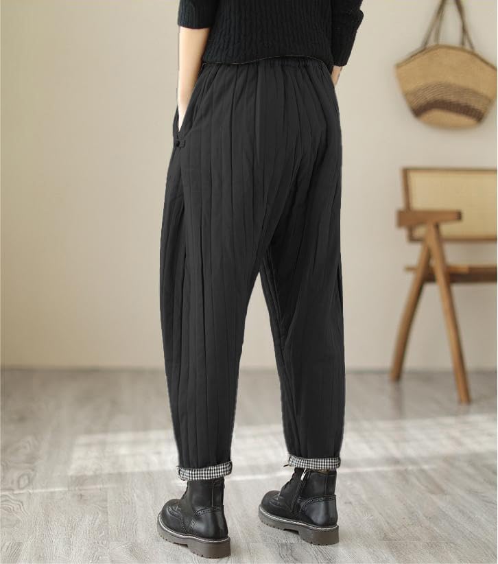 Women Winter Warm Down Cotton Pants Thicker Padded Quilted Pants Relaxed Fit Wide Leg Trousers with Pockets3