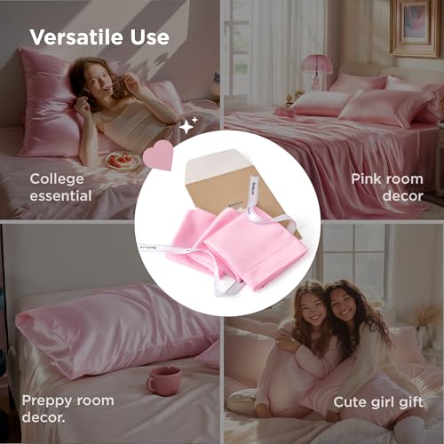Image of Bedsure Satin Pillowcase for Hair and Skin Queen, Similar to Silk Pillow Cases, Valentine Pillow Covers Set of 2 with Envelope Closure, Pink Room Decor Essentials, Gifts for Women Girls 20x30 Inches