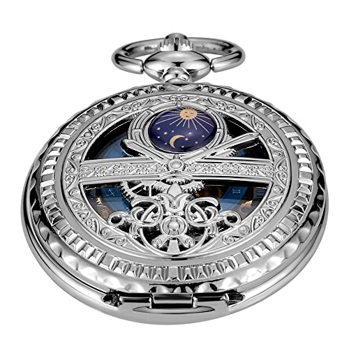Image of Black and Silver Roman Numeral Dial Mens Mechanical Moon Phase Design, Moon Sun Pattern Skeleton Mechanical Pocket Watches for Men with Case and Chain - Black