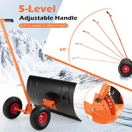 Pala de nieve con ruedas, empujador de nieve de metal resistente, 5 ángulos ajustables, quitanieves rodante para entrada, pavimento, jardín, césped (mango en forma de T)