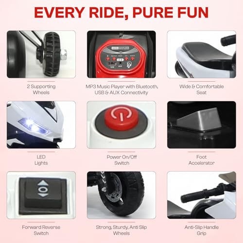 Image of Toyzone Speed Electric Bike (White) | 6V Rechargeable Bike for Kids with 4.5Ah Battery | LED Lights, Music, MP3 /USB /BT | Smooth Acceleration | 6M Battery Warranty | Age 2-8 Years, Up to 35kg