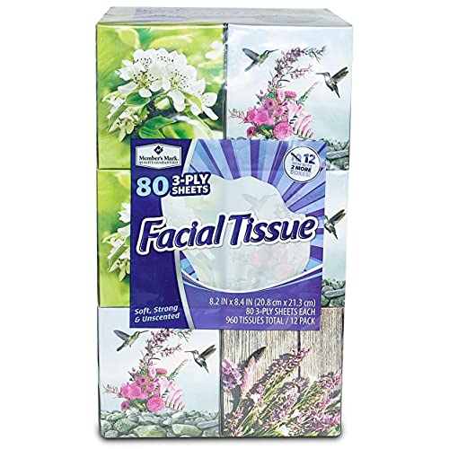 Member's Mark 3-Ply Facial Tissue, 12 Pack (80ct. per box)