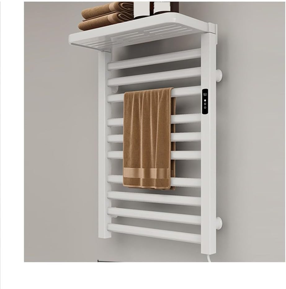 Heated Towel Warmer Wall Mounted, Electric Hot Towel Rack with Top Shelf, Large Towel Drying Rack with 1-9H Built-in Timer Temperature Adjustment, Plug in,A White,Right Line